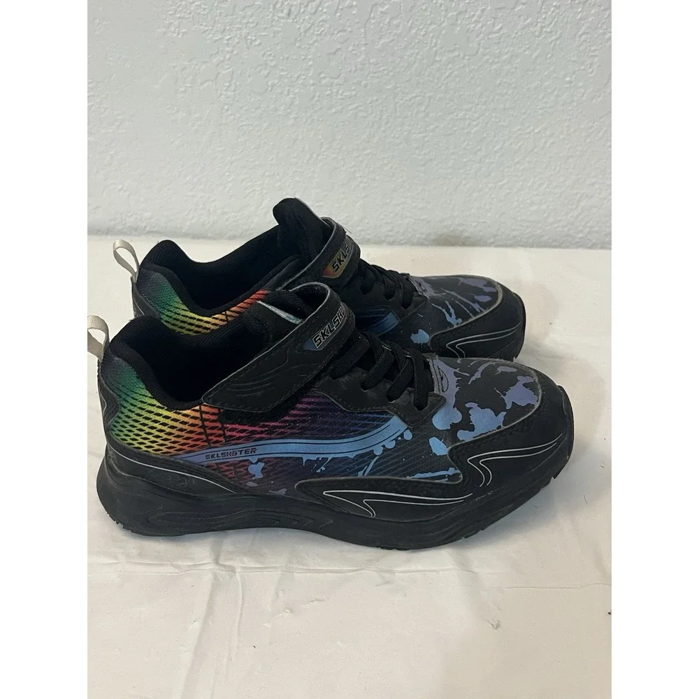 Skill Shooters Boys Sz 2 Waterproof SK009 Tennis Shoes Black Blue Neon Splatter